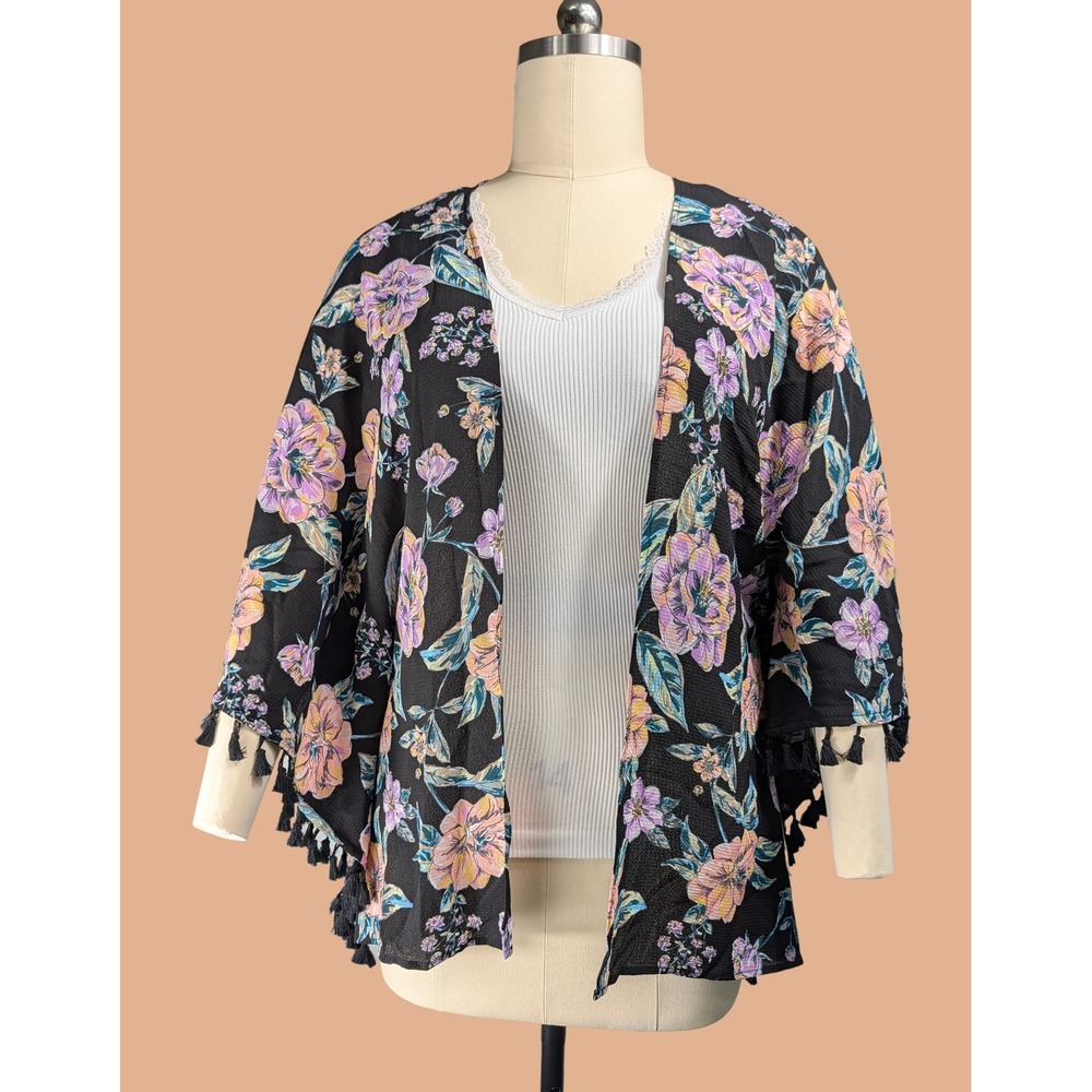 Freshwater sz L‎ Black Floral Crepe Kimono Duster Tassel Fringe Womens